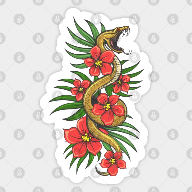 Crawling Snake with flowers and grass Leaves. Sticker by devaleta